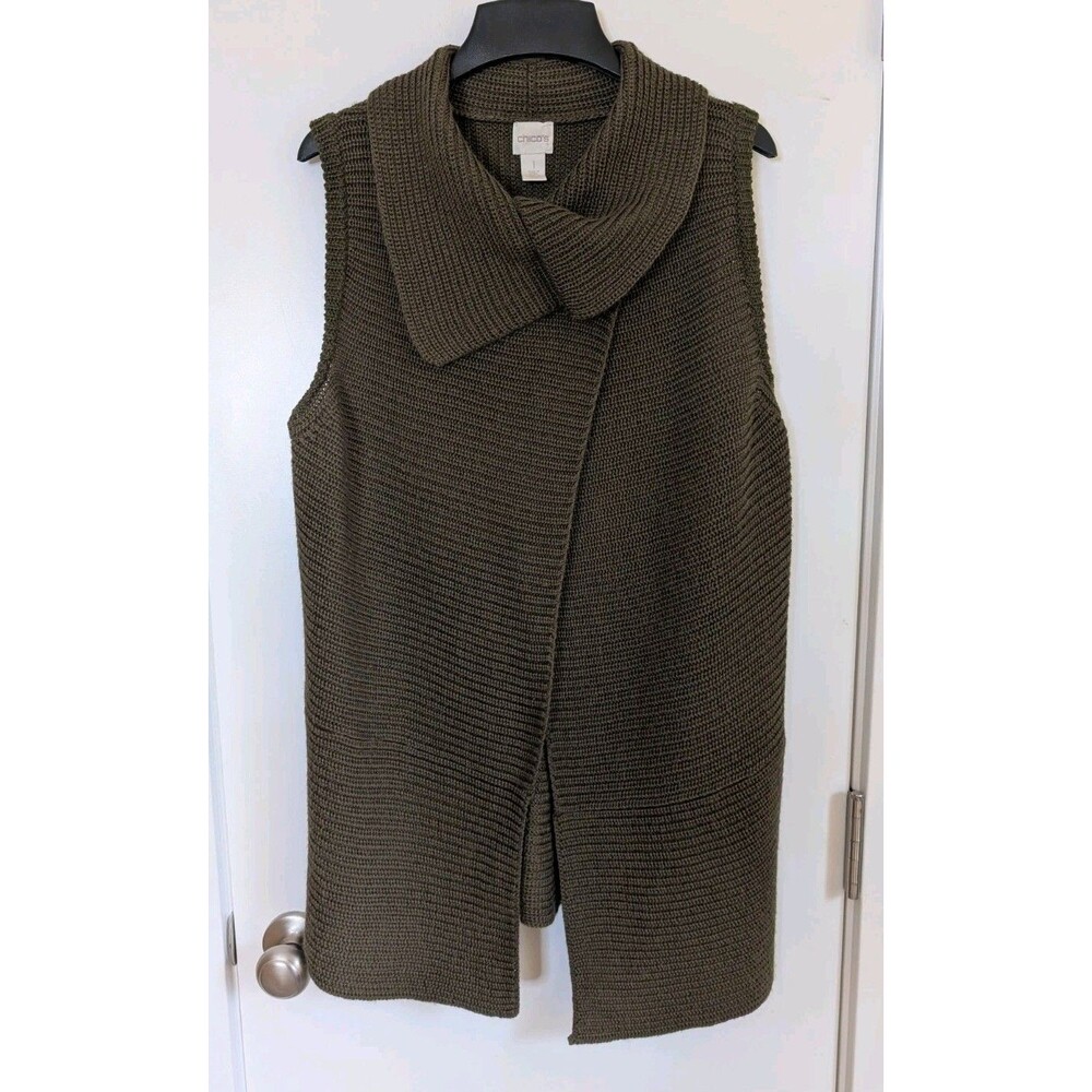 Chico's Wool Cowl Neck Tunic Sleeveless Cardigan Sweater 1 M Green Layering Boho